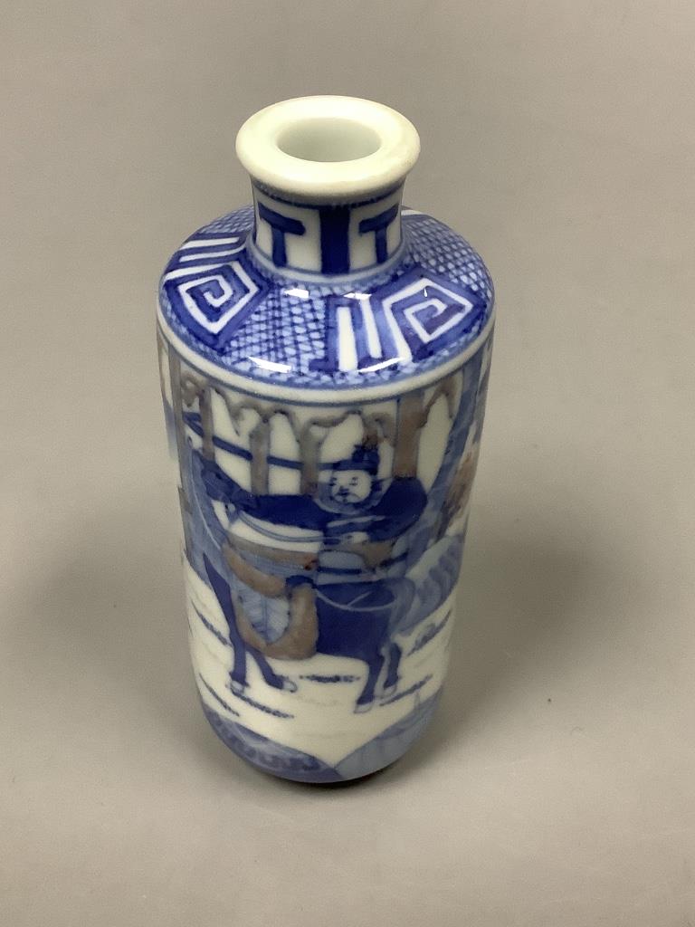 A Chinese underglaze blue and copper red snuff bottle, height 11.5cm